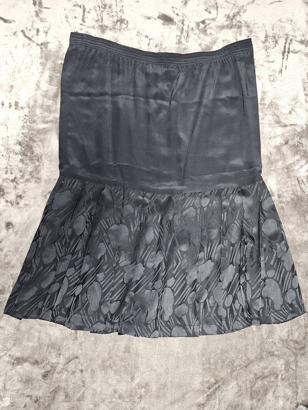 Black Floral Drop-Waist 100% Silk Pleated Hem Skirt Tonal Print FLAWED PROJECT